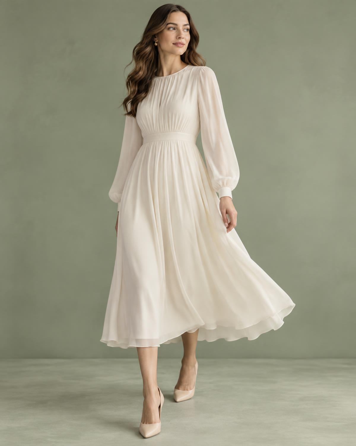Woman wearing an elegant long-sleeve ivory dress